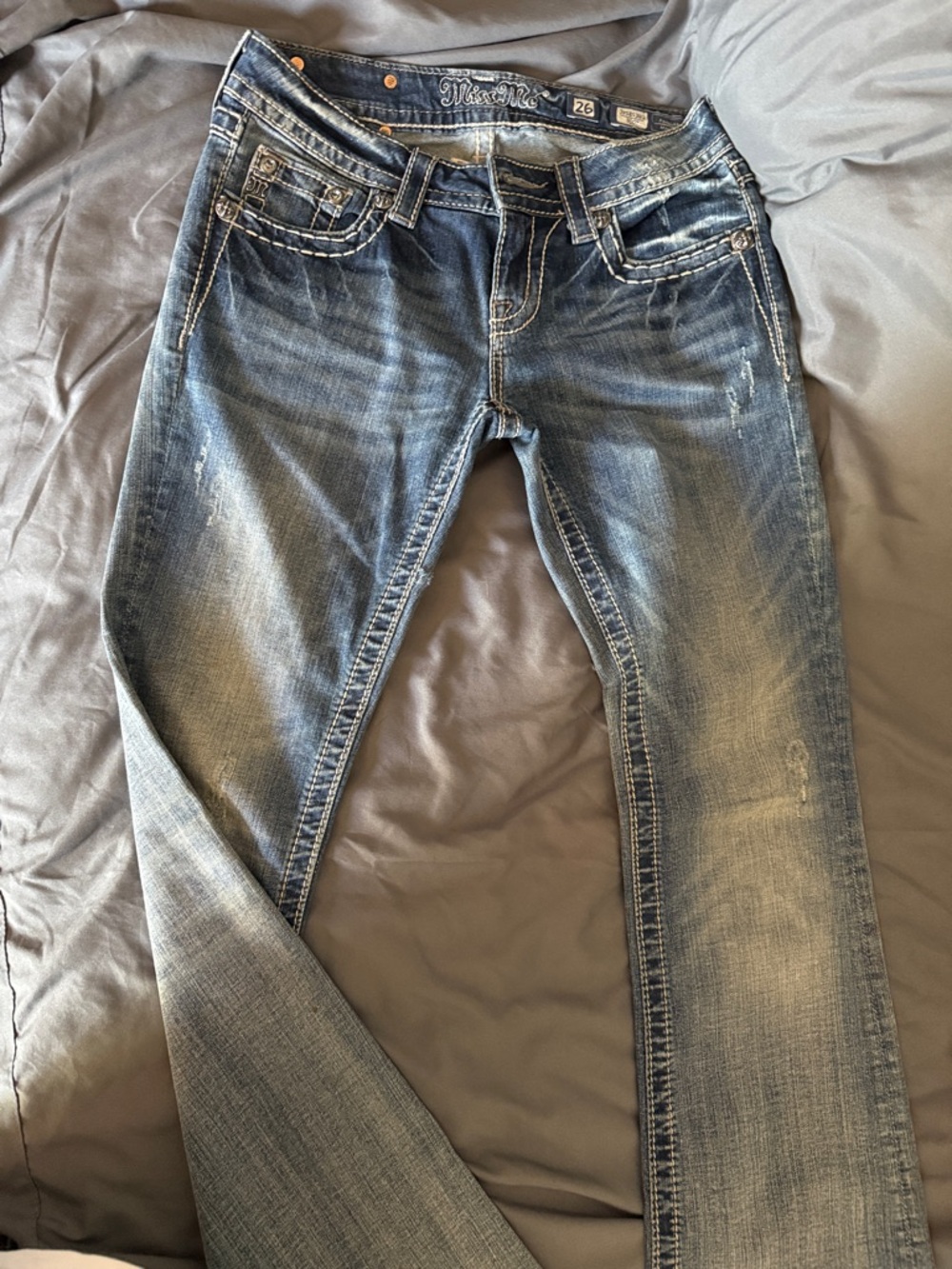 Miss Me Faded Blue Bootcut Jeans with Contrast Stitching